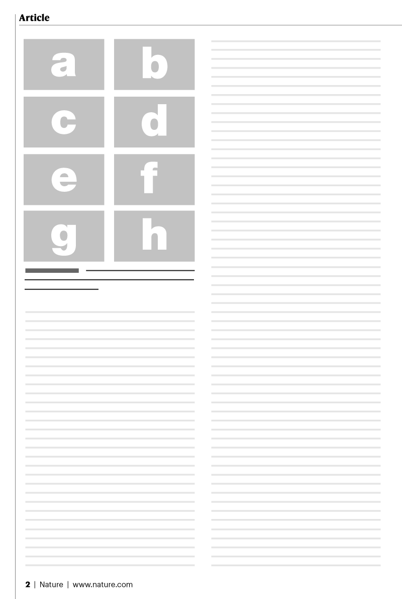 Schematic of a Nature article page showing a multipanel figure arranged to fill one column with the figure caption below.