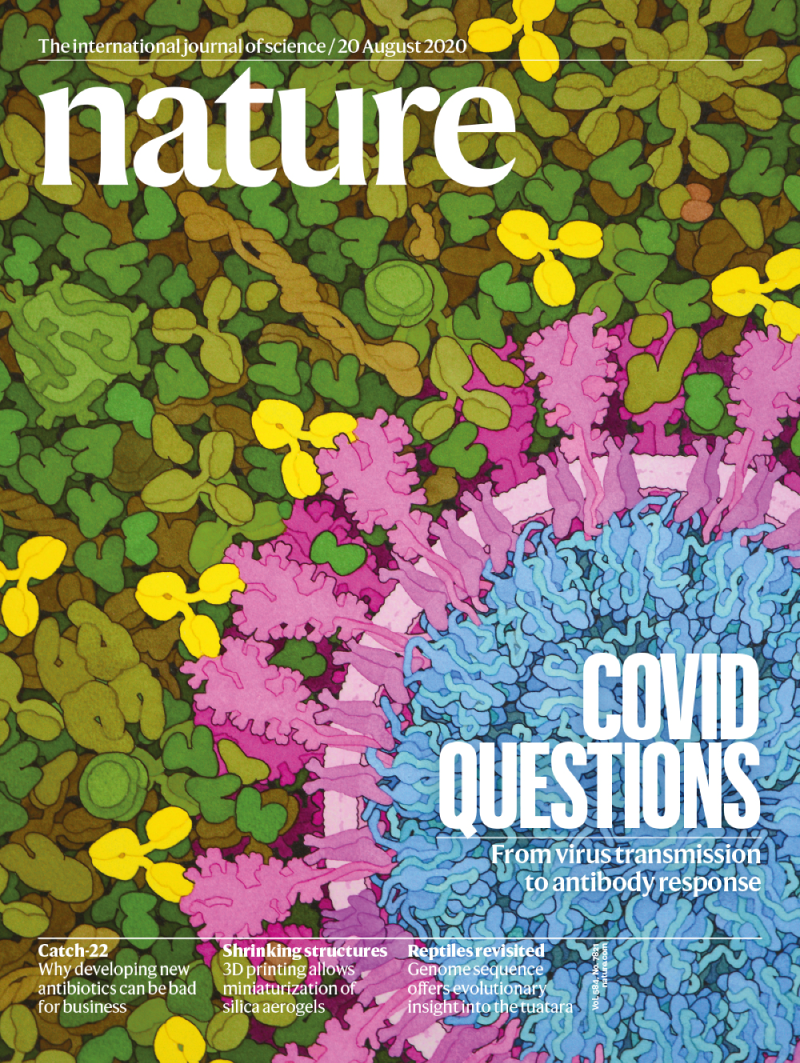 Cover of _Nature_ showing an illustration of a virus with the headline 'Covid questions'.