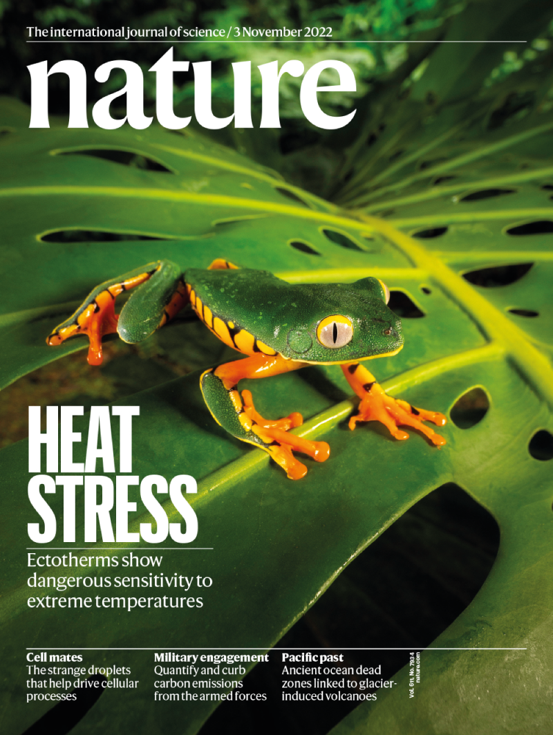 Cover of Nature featuring a vivid photo of a green and orange frog sitting on a large green leaf.