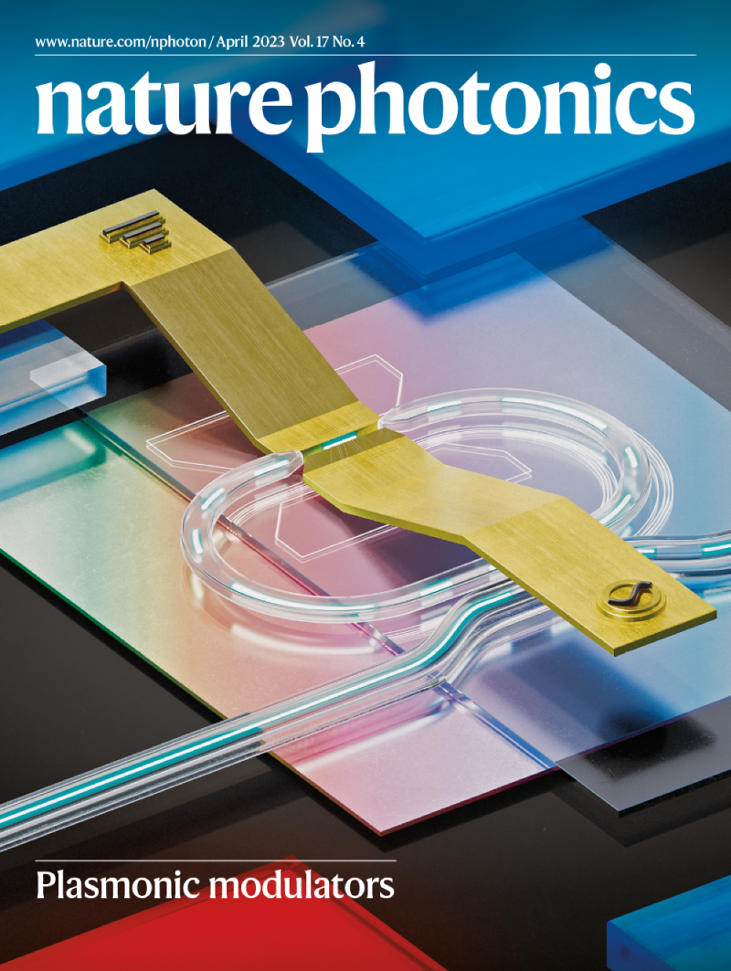 Cover of Nature Photonics showing a stylized illustration of a plasmonic modulator.