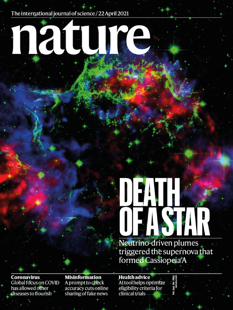 Cover of Nature showing a photograph of space featuring a brightly coloured supernova.