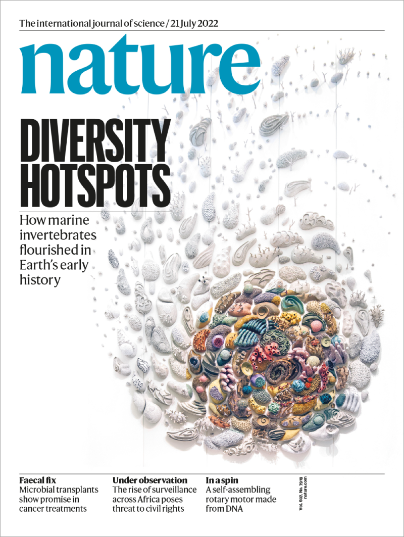 Cover of Nature featuring an image of coloured fossils of marine invertebrates arranged in an attractive pattern.