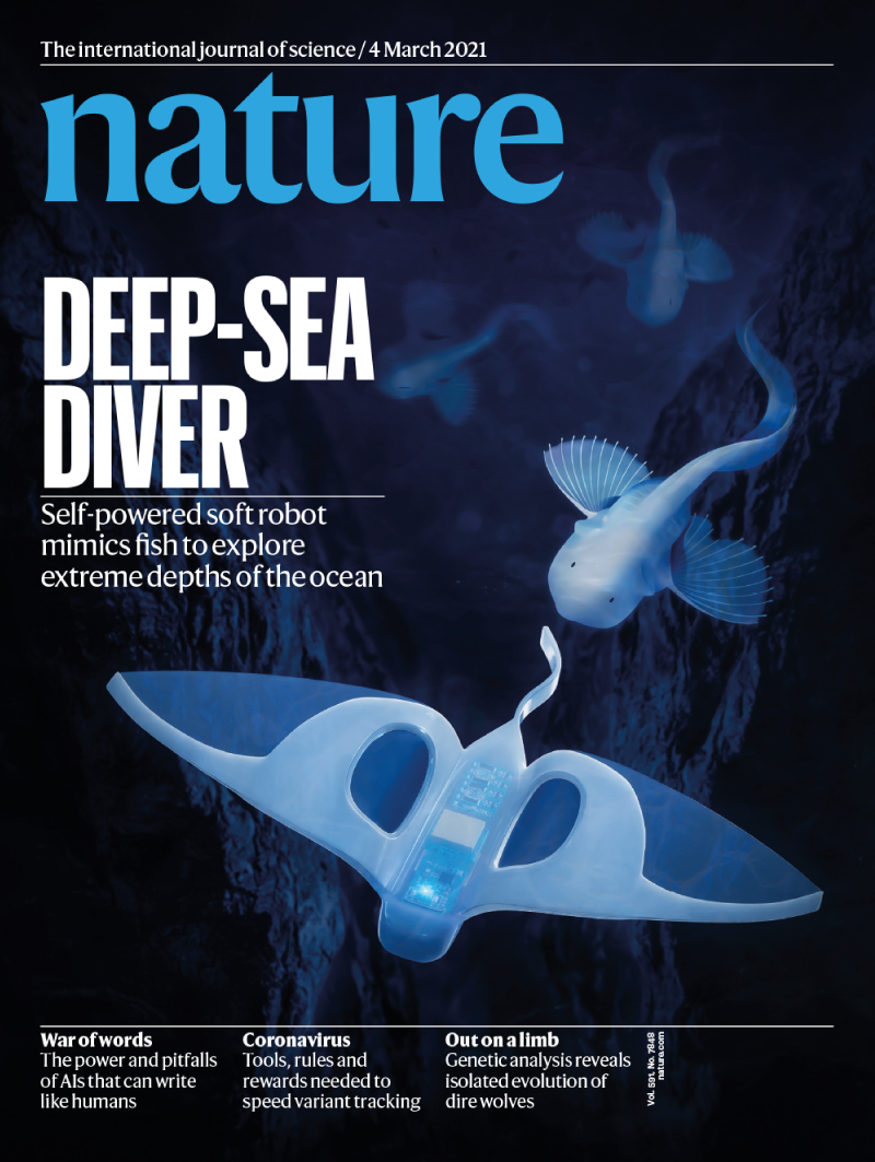 Cover of Nature showing a robotic fish swimming in front of a real fish on a black background.