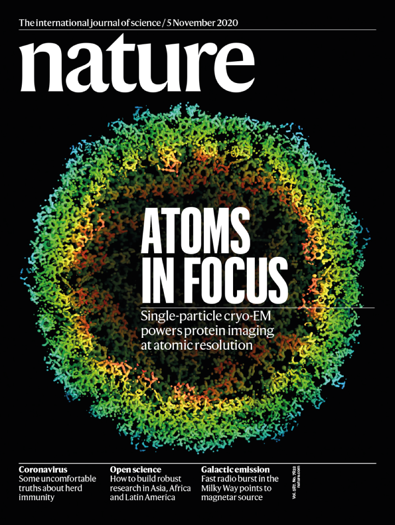 Cover of Nature featuring a close up image of an atom.