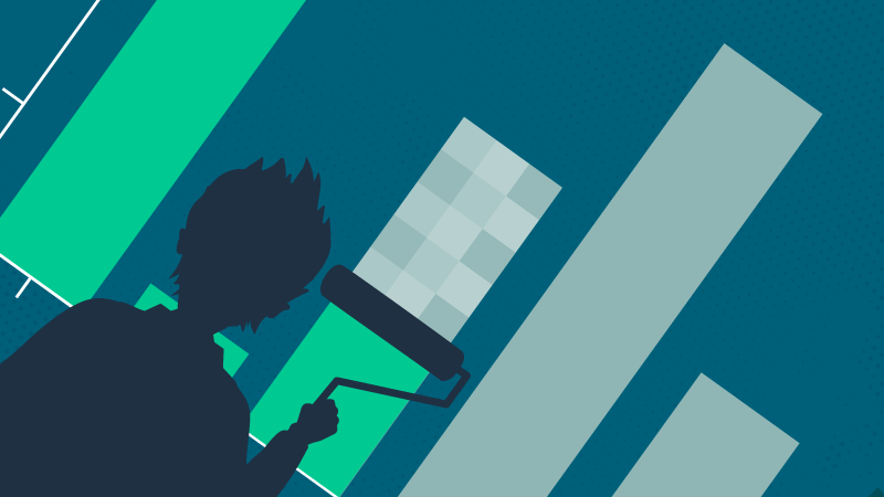 Stylised illustration of silhouetted character painting a bar chart with a paint roller.